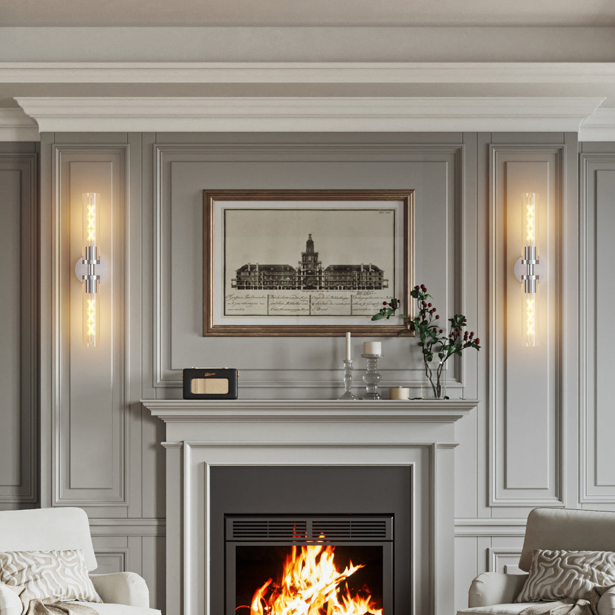 Wall Sconces Set of Two, Hardwired Brushed Nickel Bathroom Sconces Wall Lighting with Clear Glass, Modern Sconces Wall Decor Set of 2 Wall Light fixtures for Mirror Hallway (Bulbs Not Included)