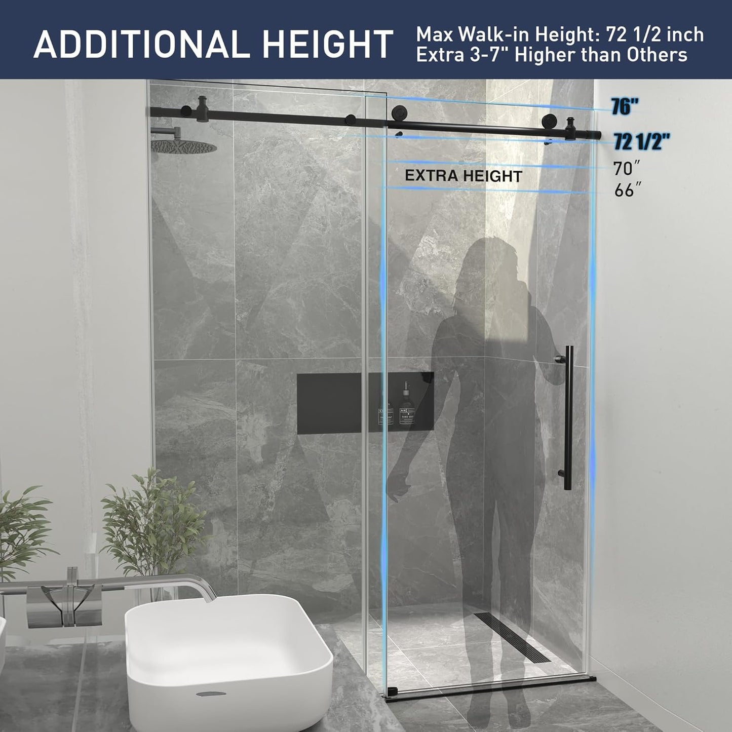 Frameless Shower Door, 50"-54" W x 76" H Sliding Glass Shower Door with 1/4" (6mm) Clear SGCC Tempered Glass, Silent Soft-Close Design, Stainless Steel Frame, Matte Black