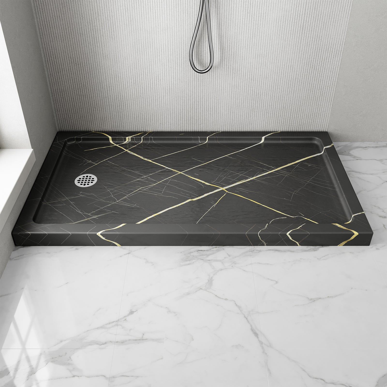 KPUY Rectangular Acrylic/ABS Shower Base Pan, Black Gold Stone-Look, Multiple Sizes
