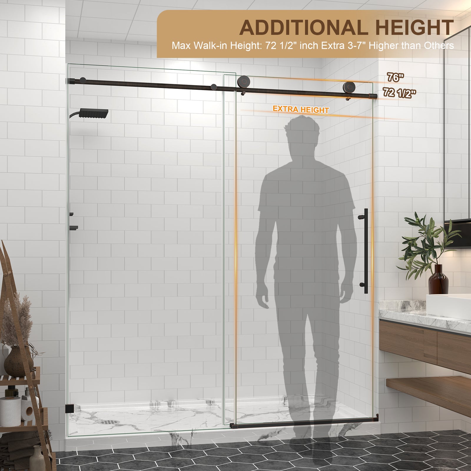 55–60, 61–65 & 67–72 in. W x 76 in. H Frameless Sliding Shower Door, 5/16 in. Clear Glass – Oil Rubbed Bronze