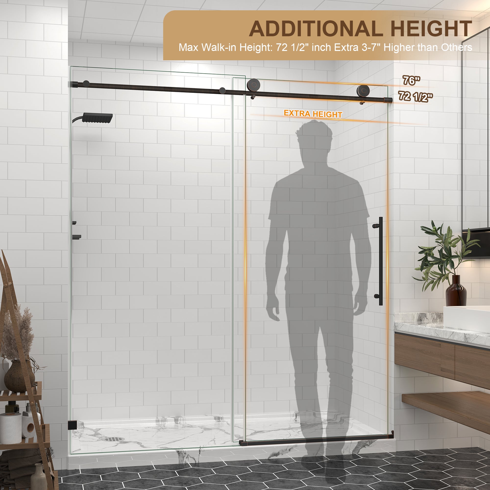55–60, 61–65 & 67–72 in. W x 76 in. H Frameless Sliding Shower Door, 5/16 in. Clear Glass – Oil Rubbed Bronze