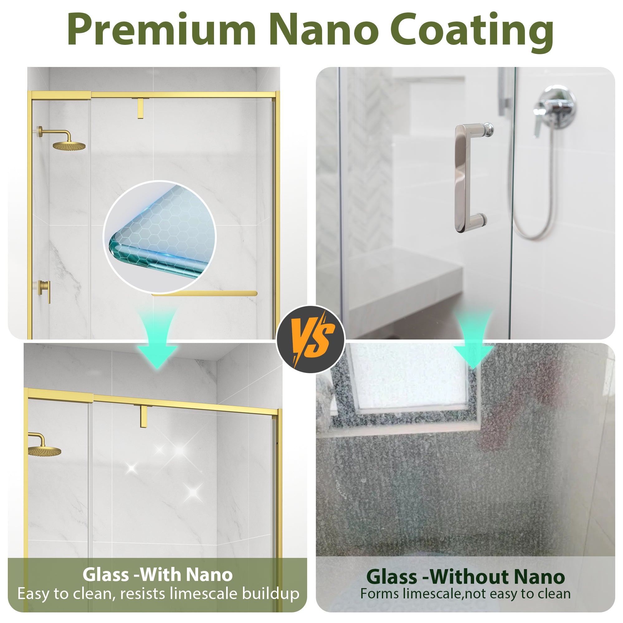 KPUY Semi-Frameless Pivot Shower Door, 1/4" Tempered Glass, Brushed Gold – 36–42" & 42–48" W x 72" H