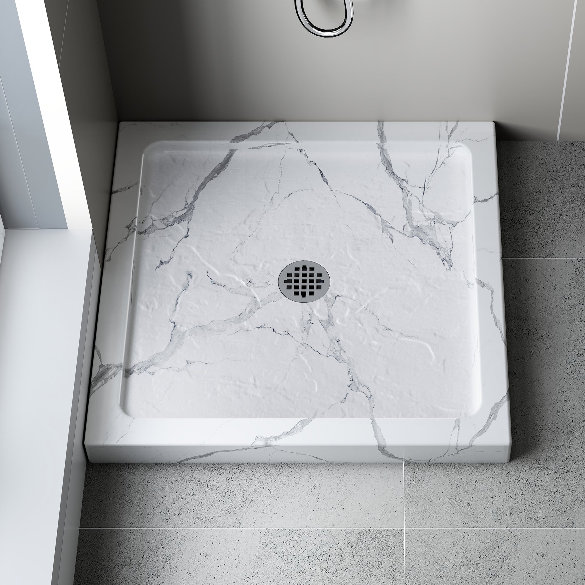 Carrara White Square Shower Base Series – Center Drain Stone-Look Shower Pan