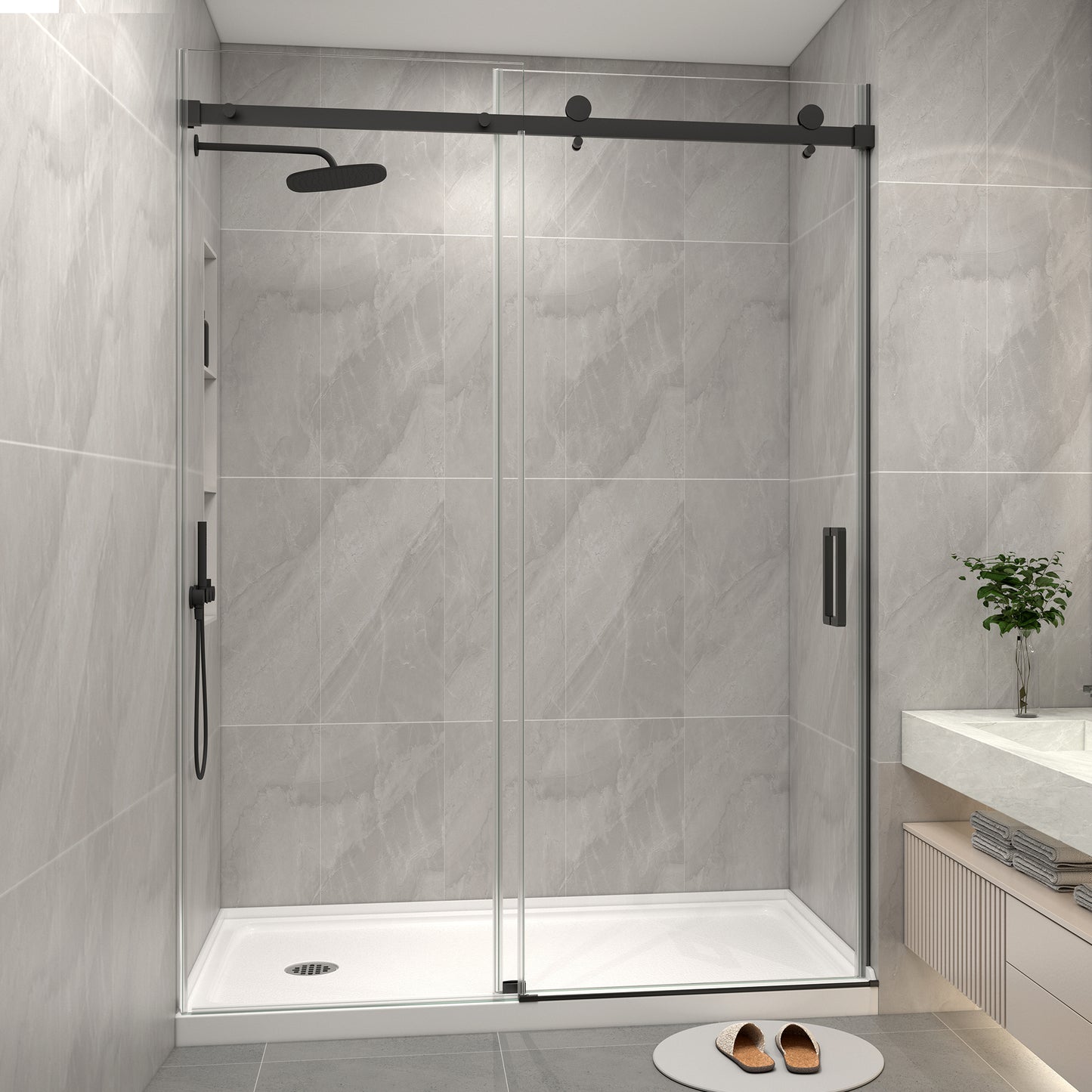 KPUY S9711A Frameless Shower Door, 56-60" W x 76" H Sliding Glass Shower Door, 1/4" (6mm) Thick Tempered Clear Glass with Explosion-Proof Film Nano Coating in Matte Black Finish