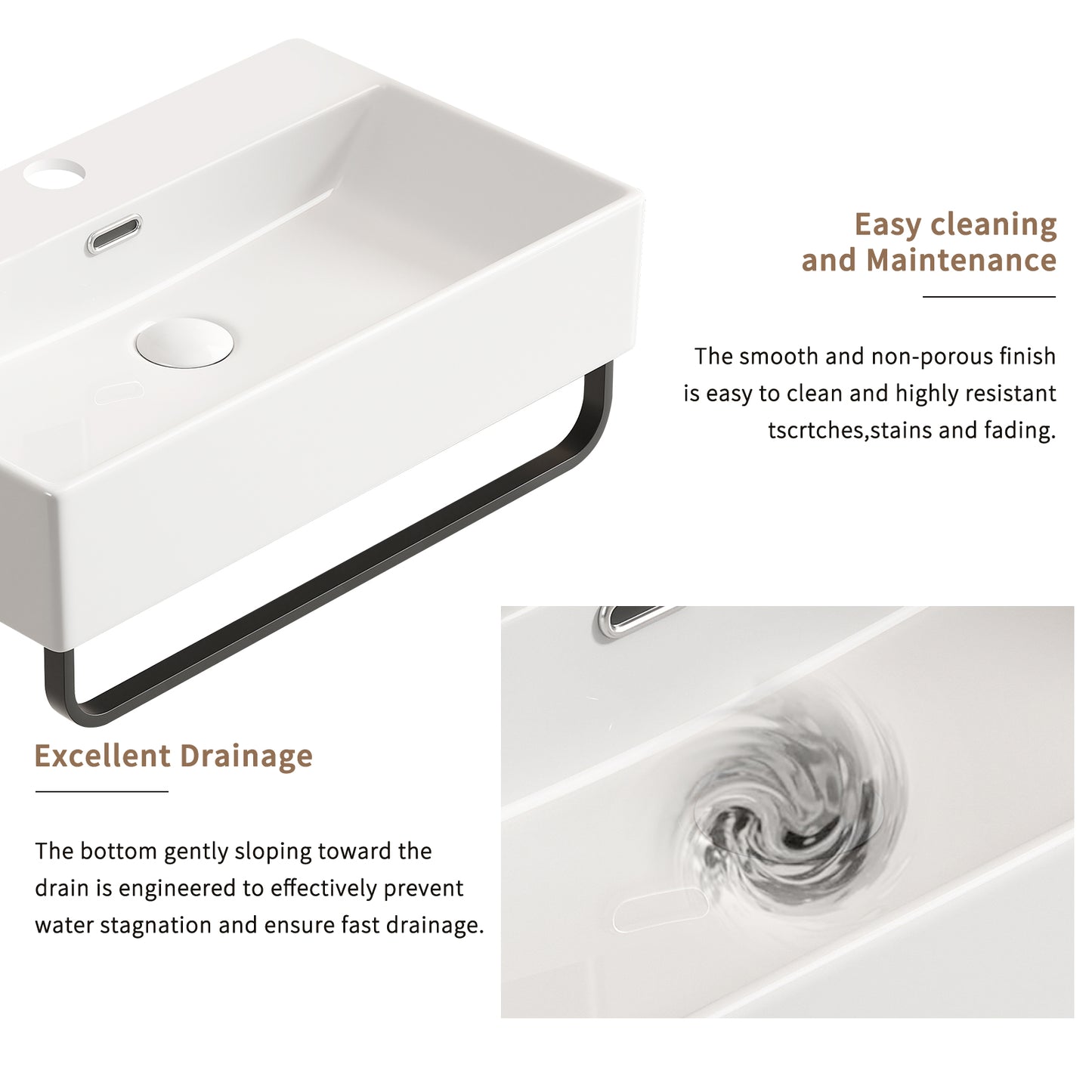 KPUY Wall-Mounted Bathroom Sink with Towel Bar | White Ceramic Floating Vessel | Available in 20" & 24"