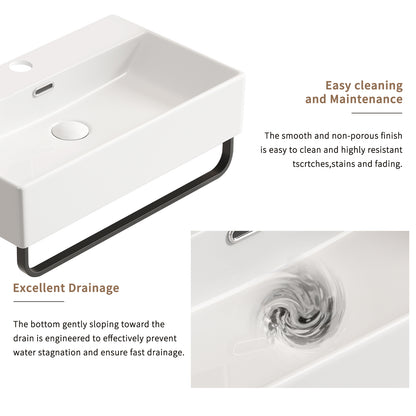 KPUY Wall-Mounted Bathroom Sink with Towel Bar | White Ceramic Floating Vessel | Available in 20" & 24"