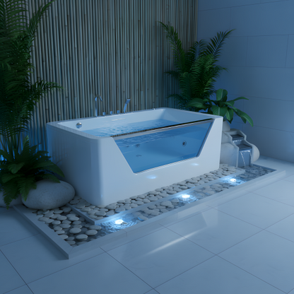 KPUY 67 Inch Whirlpool Bathtub with Glass Panel | 7 Hydro-Massage Jets & LED Lights