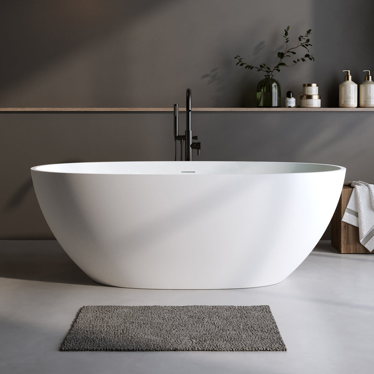Solid Surface Matte Tub, Solid Surface Soaking Tub, Stone Resin Freestanding Bathtub, Thick Edge Stand Alone Tubs with Overflow, Pop-up Drain, Matte White
