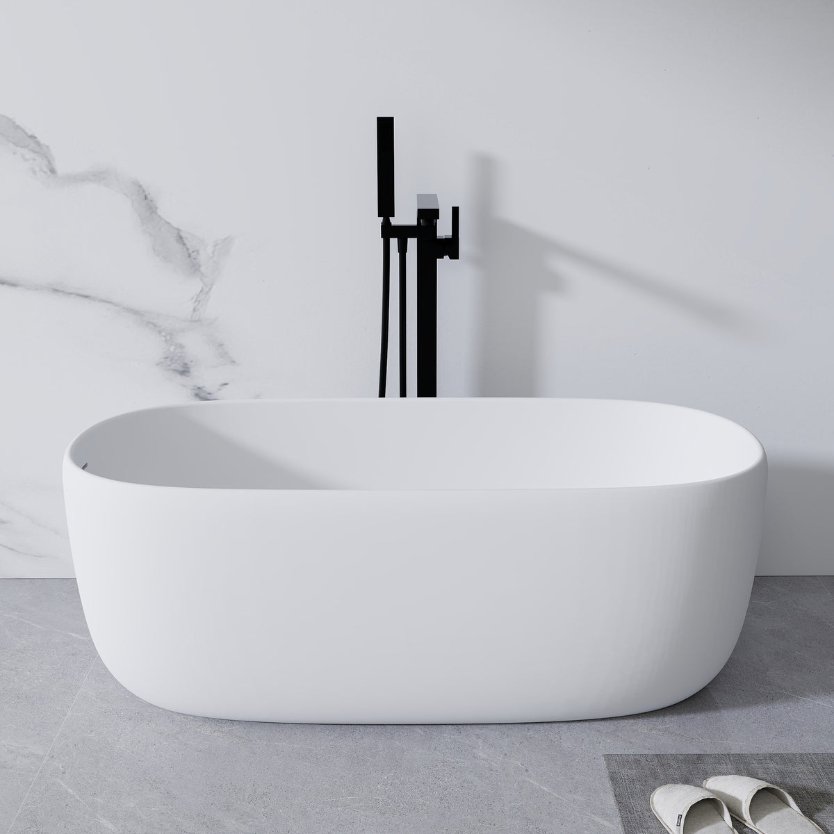 51'' Freestanding Bathtub Resin Stone Soaking Bathtub Solid Surface Modern Tubs with Overflow and Pop-up Drain in White/2130380