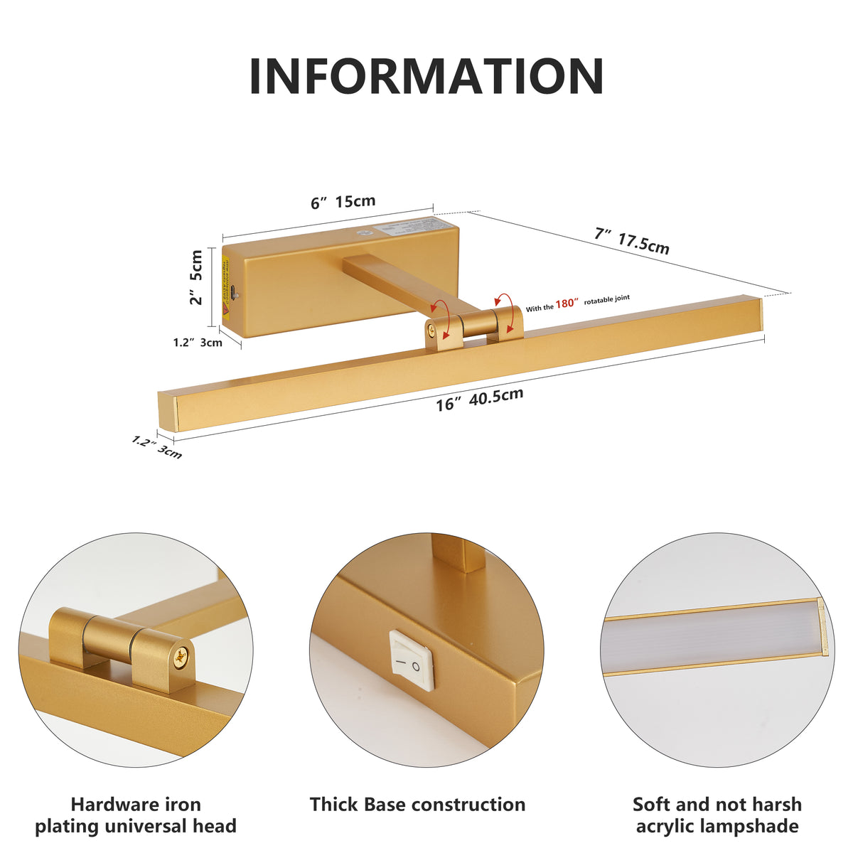 16inch Gold Bathroom Light Fixtures Over Mirror Modern Dimmable LED Vanity Light for Bathroom Wall Lighting