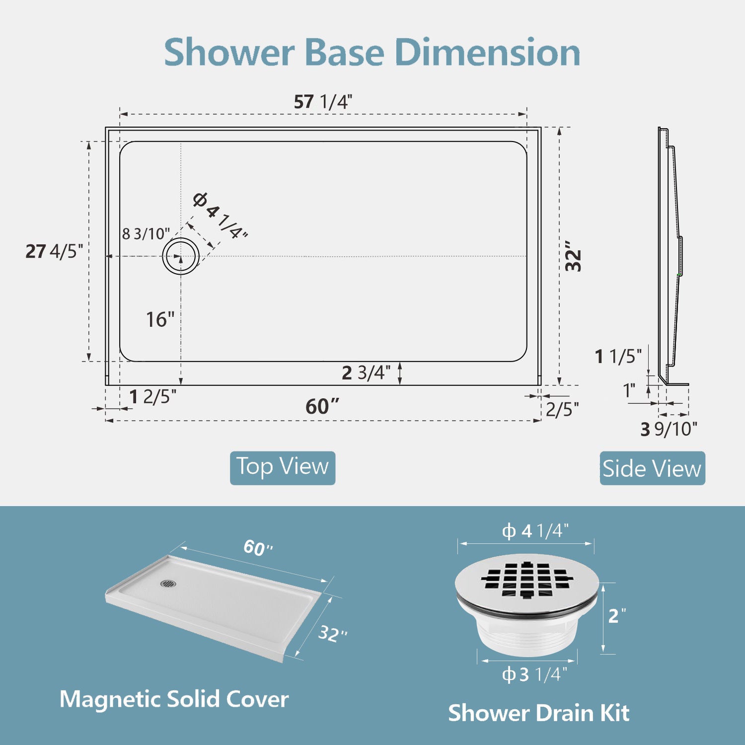 KPUY 60" x 32" Shower Base Pan - Single Threshold White Acrylic with Left Drain-KPUY