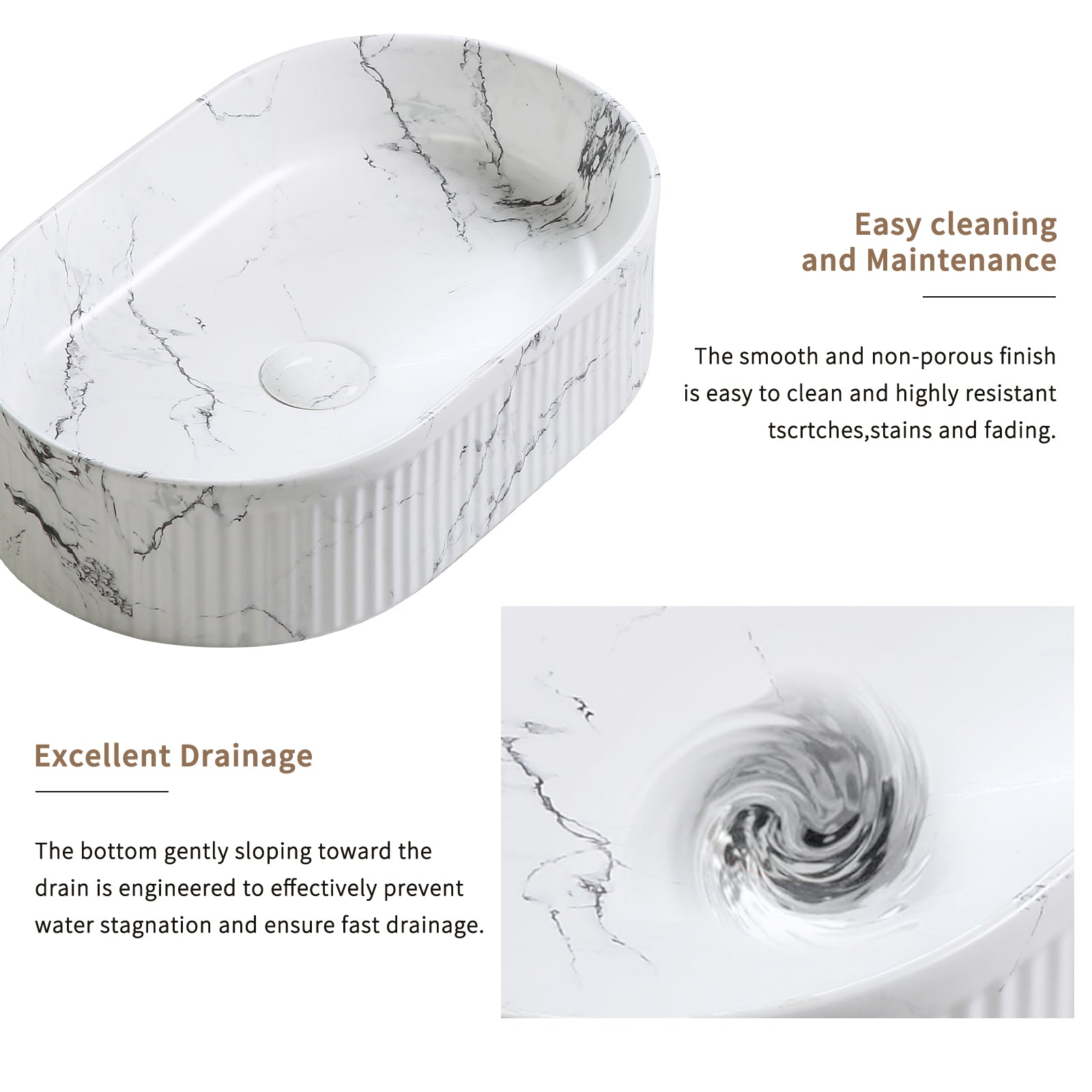 KPUY 19" x 12" Oval Vessel Sink Set with Faucet & Drain | Black & White Marble Ceramic