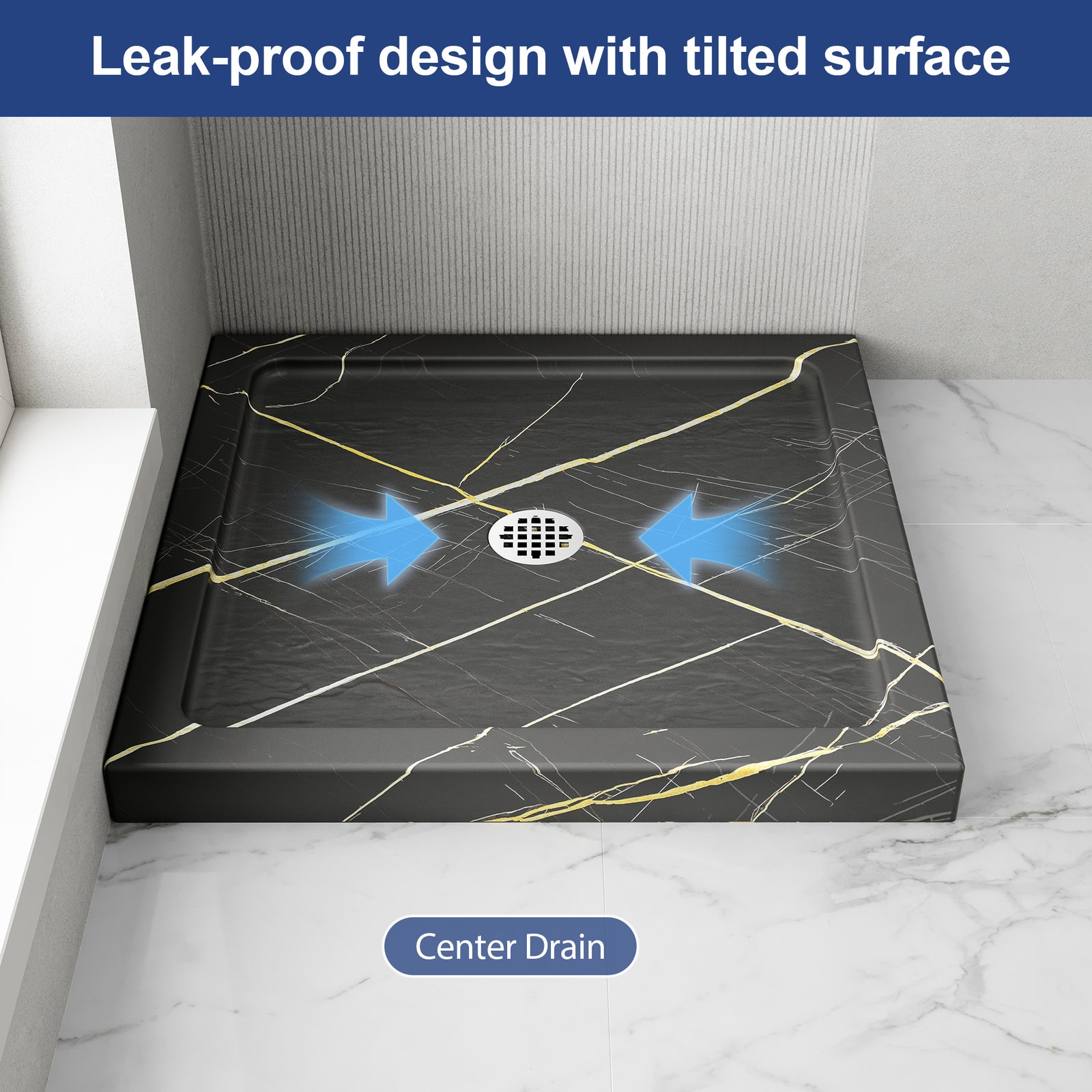 KPUY Square Acrylic/ABS Shower Base Pan with Center Drain, Black Gold Stone-Look
