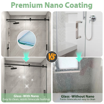 KPUY S9711B Frameless Shower Door, 44-48" W x 76" H Sliding Glass Shower Door, 1/4" (6mm) Thick Tempered Clear Glass with Explosion-Proof Film Nano Coating in Matte Black Finish