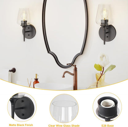 Modern Black Vanity Light Fixture - 1 Light Bathroom Wall Lamp with Clear Glass, Perfect for Over Mirror, Hallway, or Bedroom with E26 Socket
