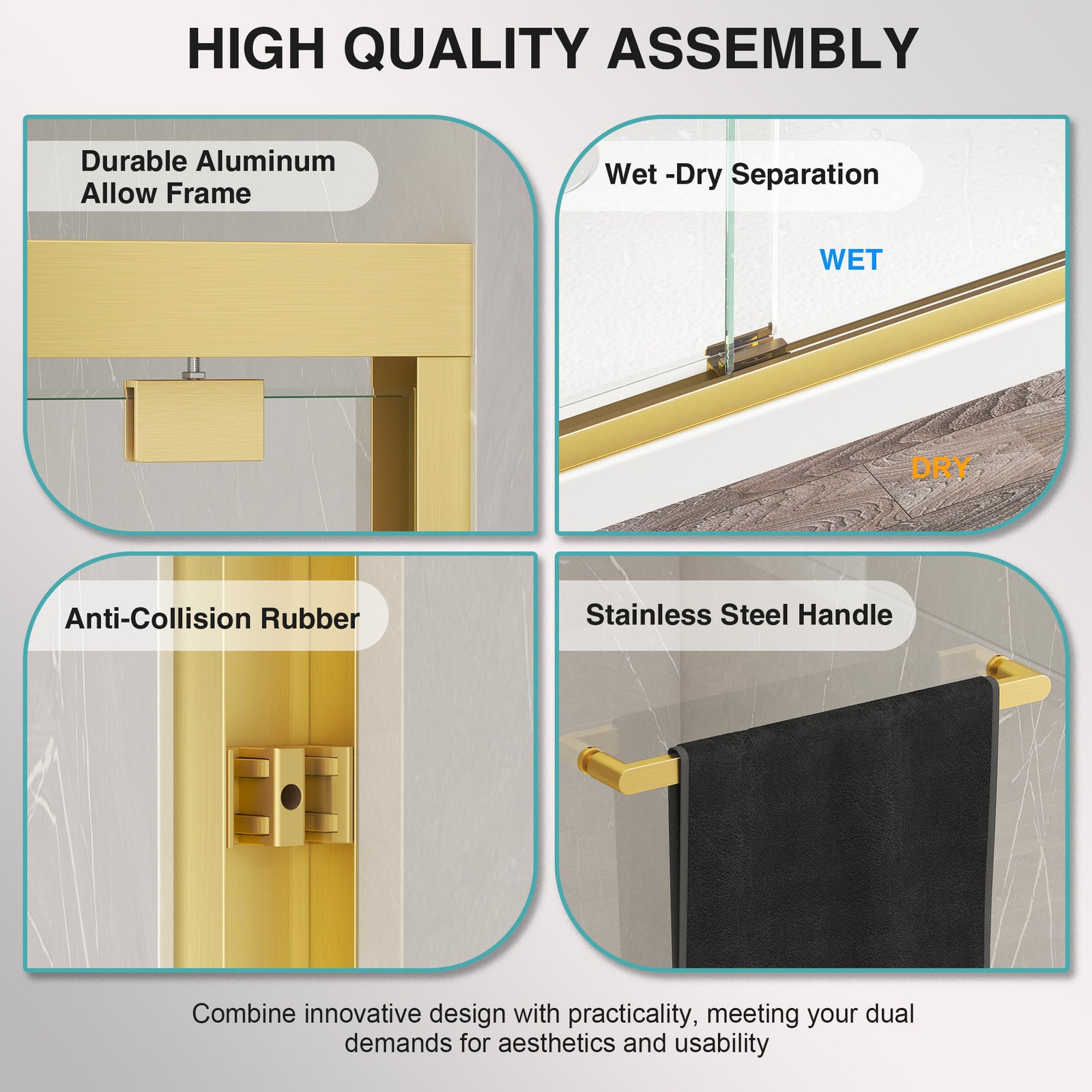 KPUY Double Sliding Glass Shower Door, 76" H, 1/4" Tempered Glass, Brushed Gold