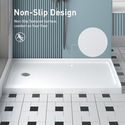 KPUY Shower Base, 60'' L X 32'' W Shower Base Pan with Single Threshold and Left Drain, Shower Pan with Slip Resistant Textured Surface, White Acrylic Shower Base