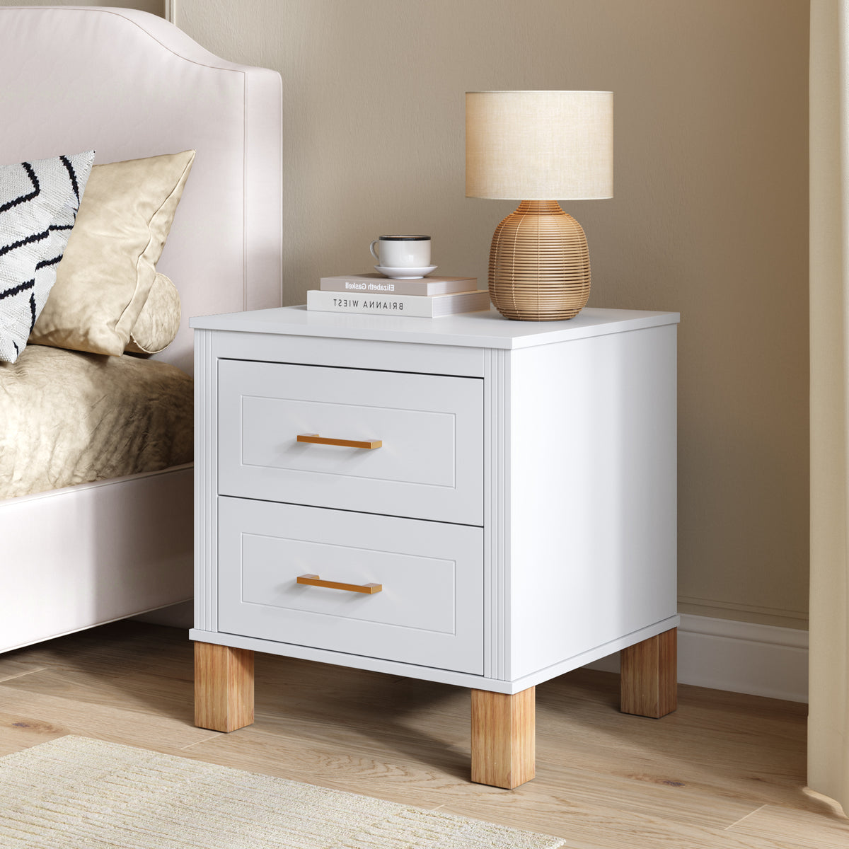 KPUY&HOME Fluted 2-Drawer Nightstand with Solid Wood Legs & Metal Handles, Tall Bedside Table with Storage, White