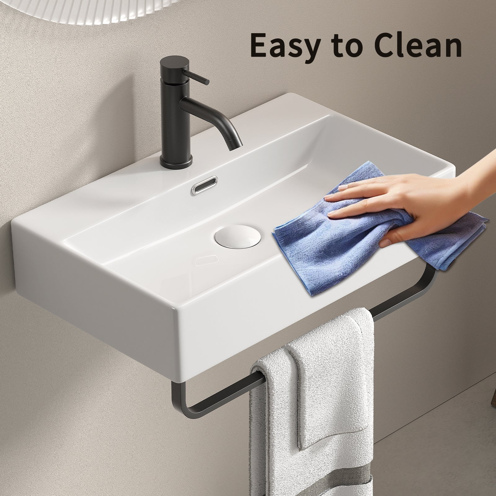 KPUY Wall-Mounted Bathroom Sink with Towel Bar | White Ceramic Floating Vessel | Available in 20" & 24"