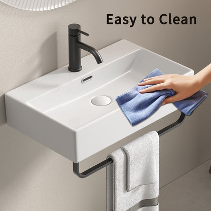 KPUY Wall-Mounted Bathroom Sink with Towel Bar | White Ceramic Floating Vessel | Available in 20" & 24"