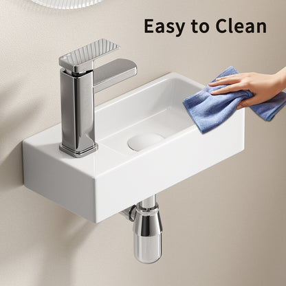 KPUY 14.5" Wall-Mounted Small Bathroom Sink Set | Porcelain Basin + Faucet & Drain | Space-Saving Design