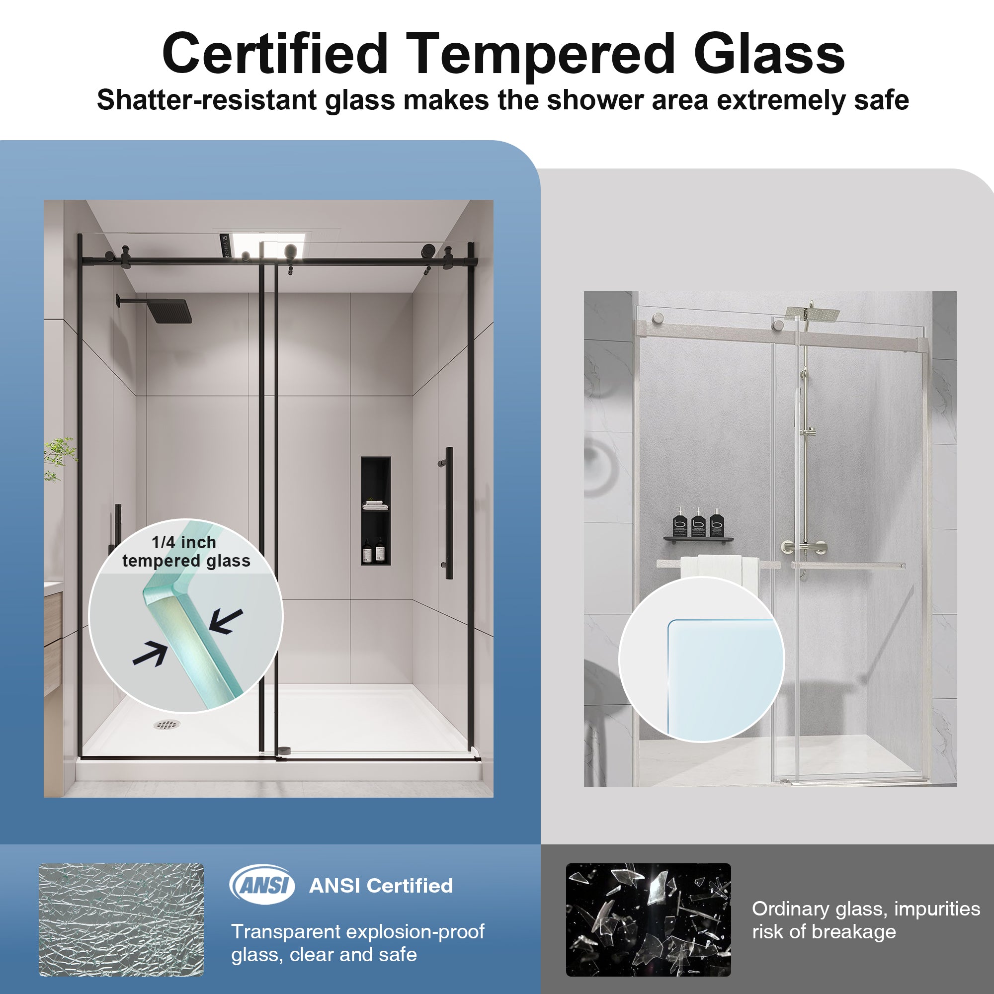 KPUY S9811 Frameless Sliding Shower Door - 56-60" x 76" Wide Matte Black Glass Enclosure-KPUY