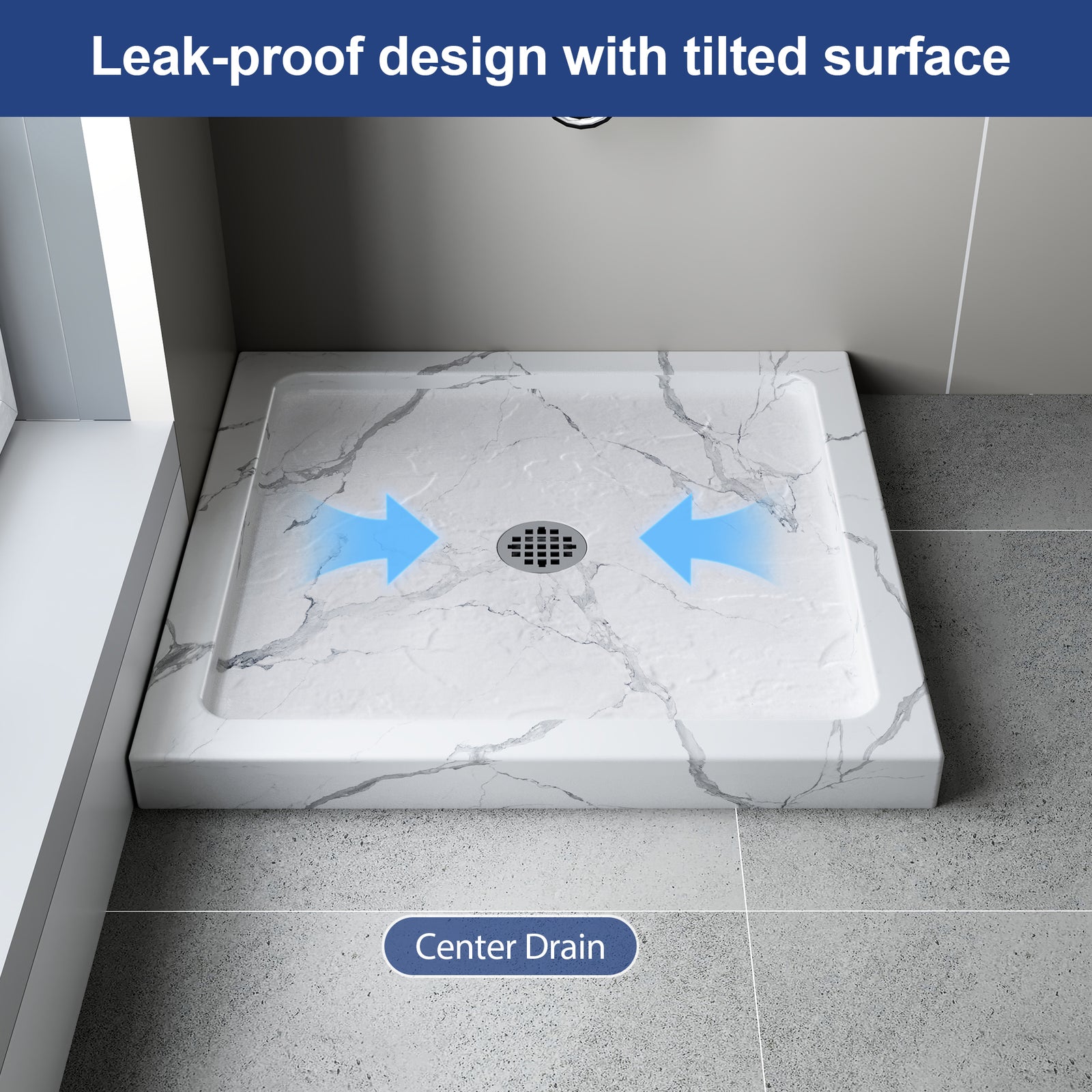 KPUY Square Acrylic/ABS Shower Base Pan with Center Drain, Carrara White Stone-Look