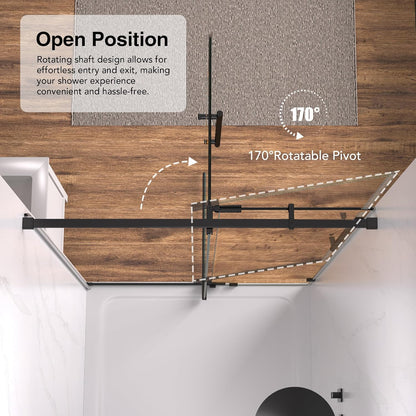 44-48" W x 74" H Pivot Swing Shower Door, Pivot Semi-Frameless Glass Shower Door with 1/4"(6mm) Clear SGCC Tempered Glass, Stainless Steel Frame, Matte Black