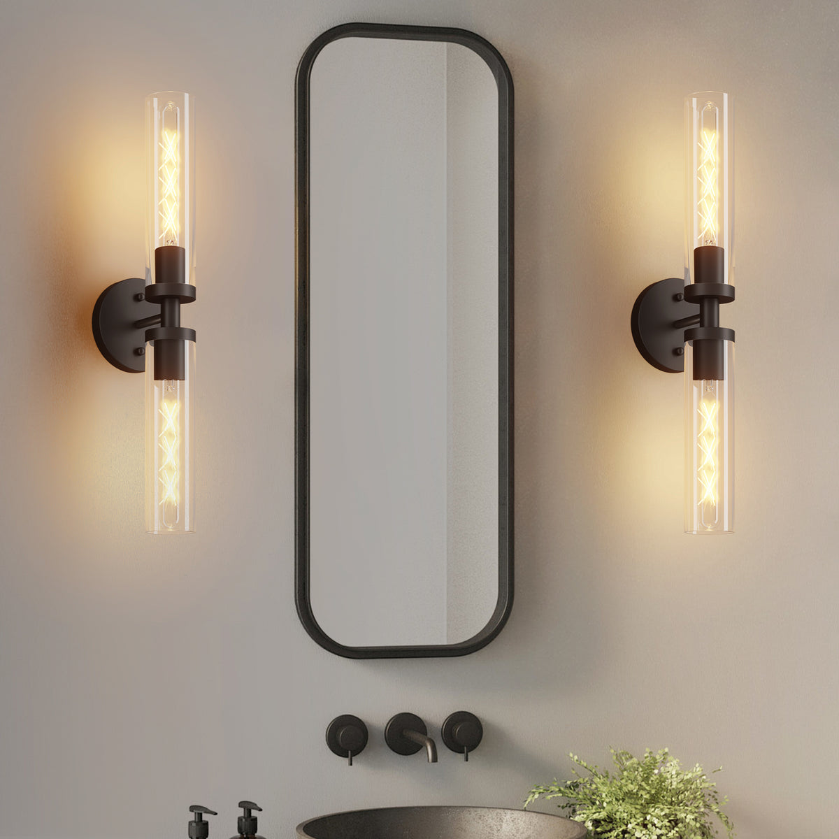 Wall Sconces Set of Two, Hardwired Matte Black Bathroom Sconces Wall Lighting with Clear Glass, Modern Sconces Wall Decor Set of 2 Wall Light fixtures for Bathroom Mirror Hallway (Bulbs Not Included)