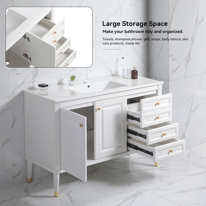 48'' Bathroom Vanity with Top Sink, Bathroom Storage Cabinet with 2 Soft Closing Doors and 3 Drawers, Single Sink Bathroom Vanity. White