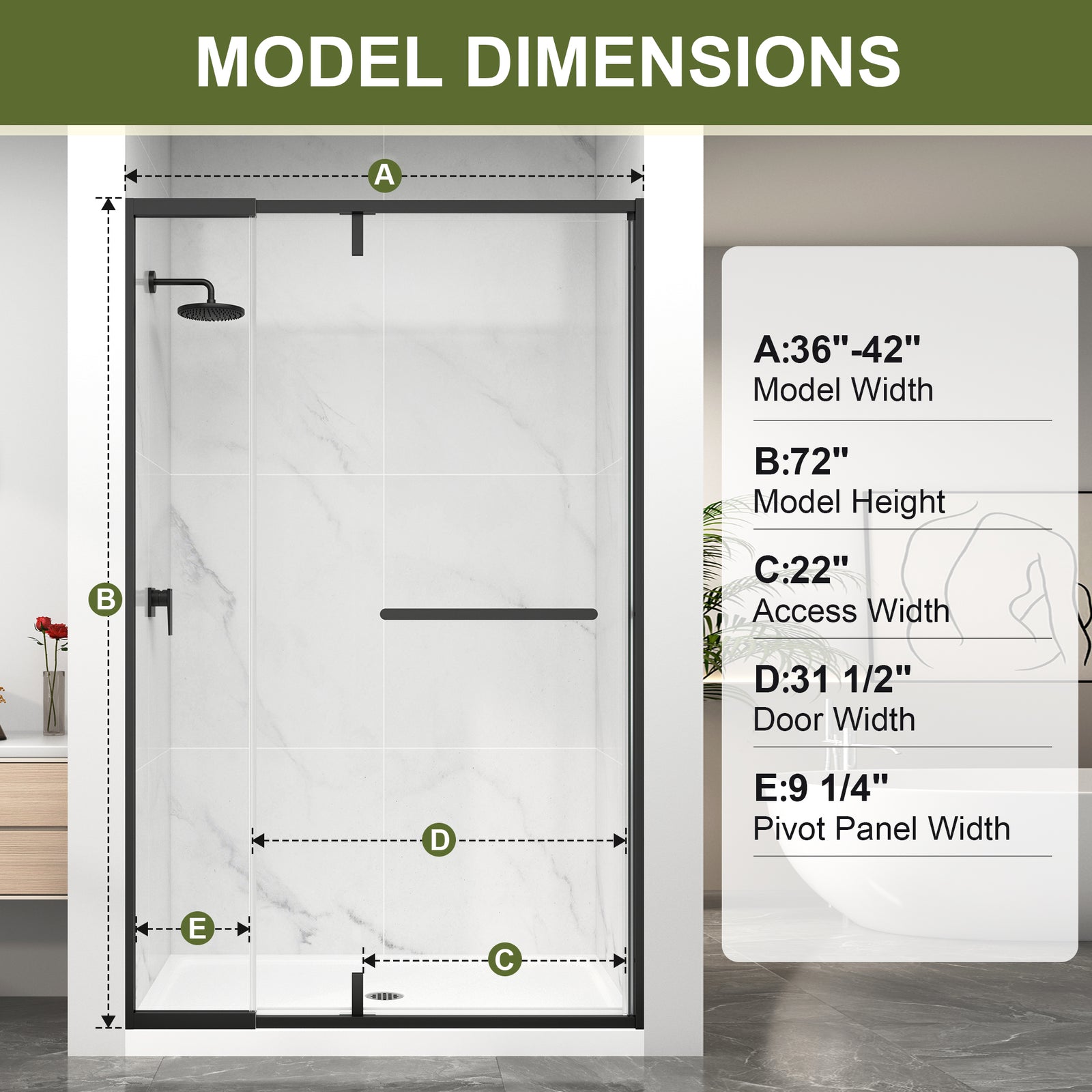 Semi-Frameless Pivot Shower Door Series – Adjustable 36"–48" W x 72" H Glass Shower Door