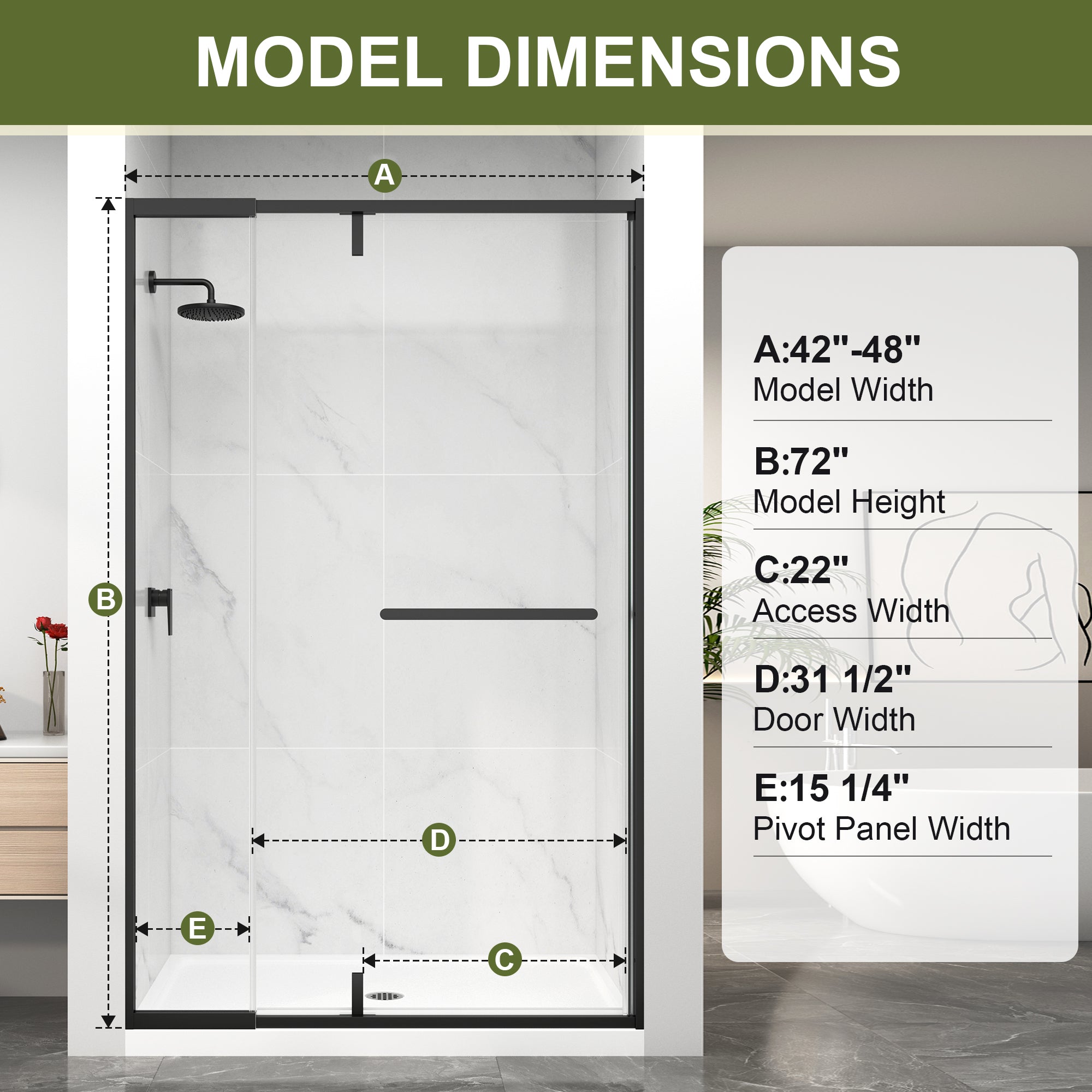 Semi-Frameless Pivot Shower Door Series – Adjustable 36"–48" W x 72" H Glass Shower Door