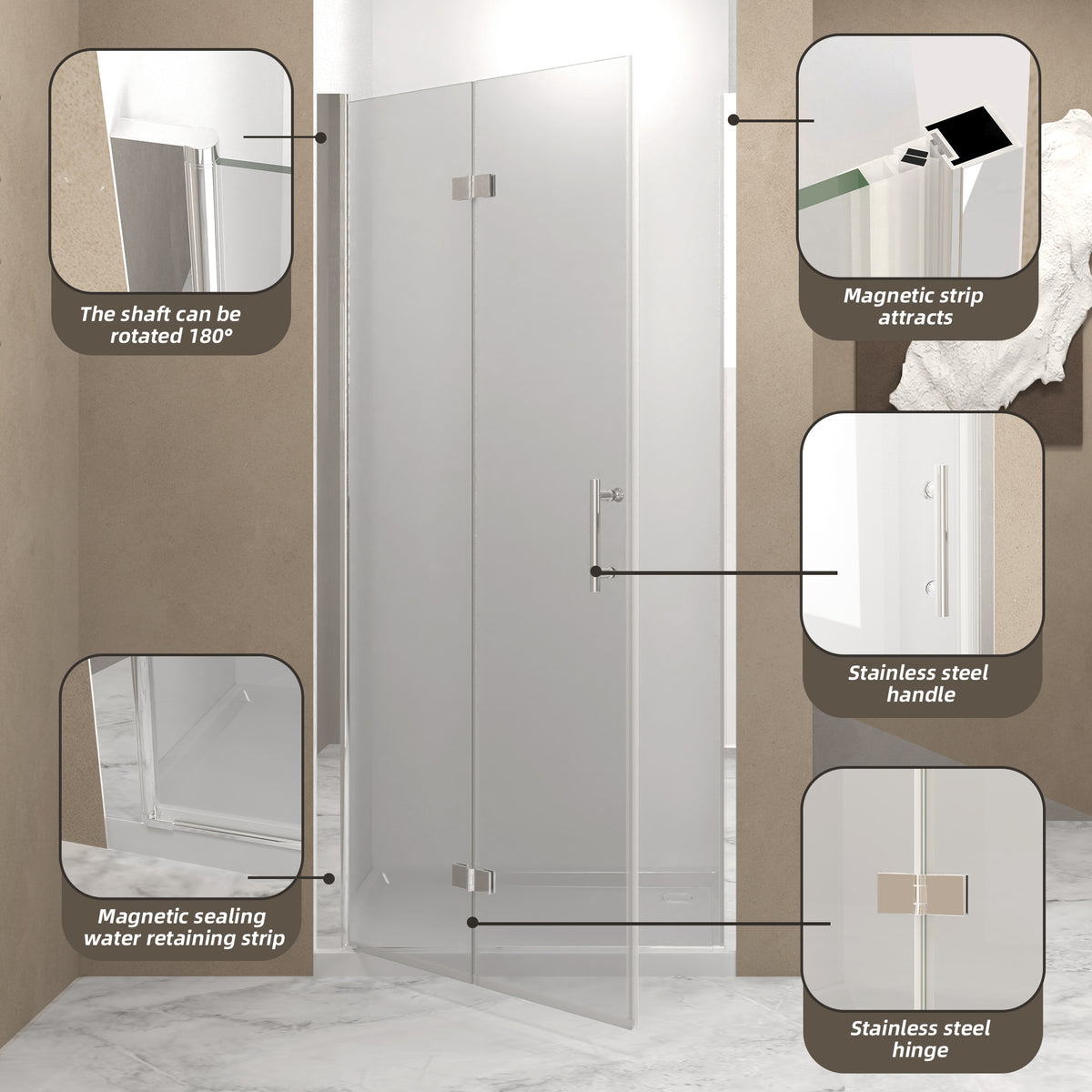 72" Bifold Shower Door, 1/4"(6mm) Tempered Glass, Chrome Aluminum Frame, Explosion Proof Film