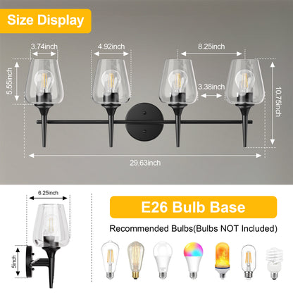 Modern Gold Vanity Lighting Fixture, 4 Light Over Mirror, Wall Lamp with Clear Glass for Bathroom, Hallway, Bedroom with E26 Socket