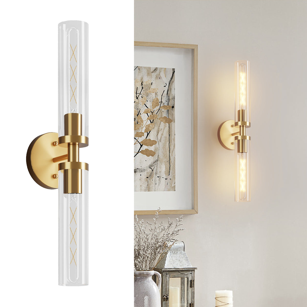 Wall Sconces Set of Two, Hardwired Gold Bathroom Sconces Wall Lighting with Clear Glass, Modern Sconces Wall Decor Set of 2 Wall Light fixtures for Bathroom Mirror Hallway (Bulbs Not Included)