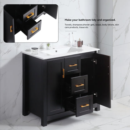 36" Black Bathroom Vanity with Single Sink, Combo Cabinet Undermount Sink, Bathroom Storage Cabinet with 2 Doors and 2 Drawer, Soft Closing, Multifunctional Storage