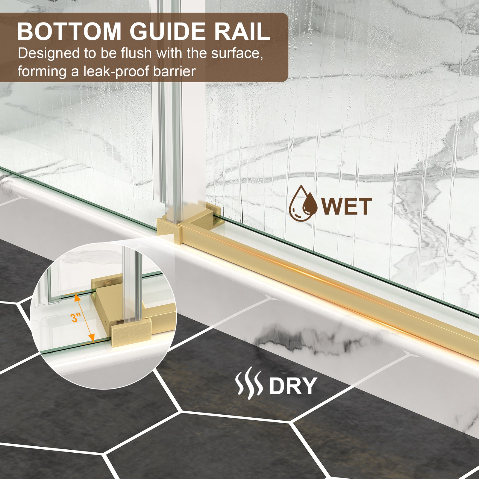 55–60, 61–65 & 67–72 in. W x 76 in. H Frameless Sliding Shower Door, 5/16 in. Clear Glass – Brushed Gold