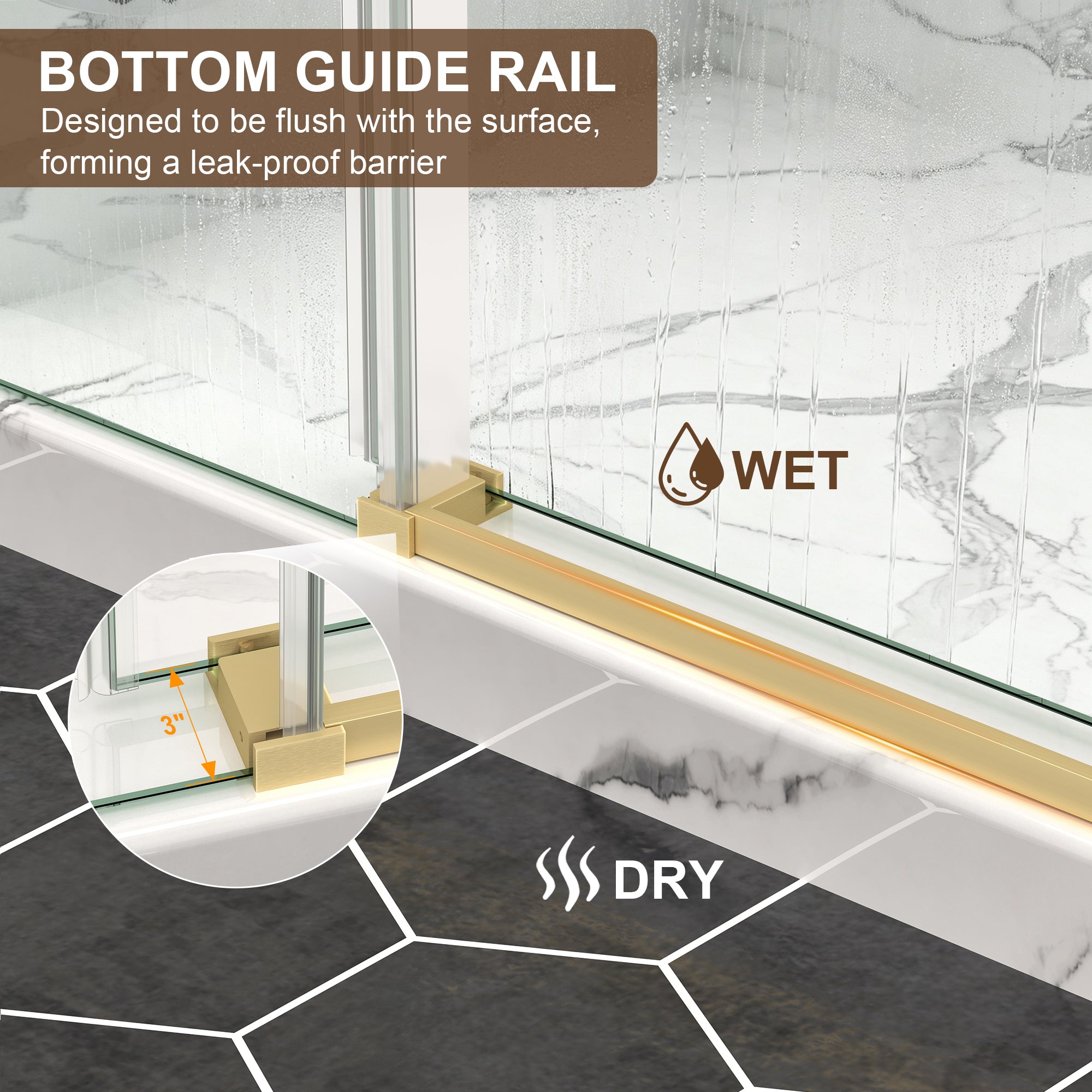 55–60, 61–65 & 67–72 in. W x 76 in. H Frameless Sliding Shower Door, 5/16 in. Clear Glass – Brushed Gold