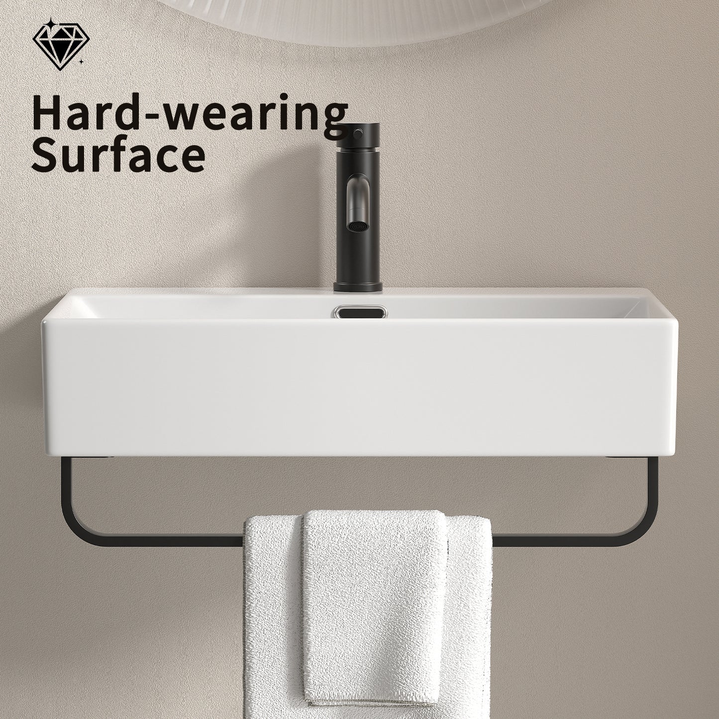 KPUY Wall-Mounted Bathroom Sink with Towel Bar | White Ceramic Floating Vessel | Available in 20" & 24"