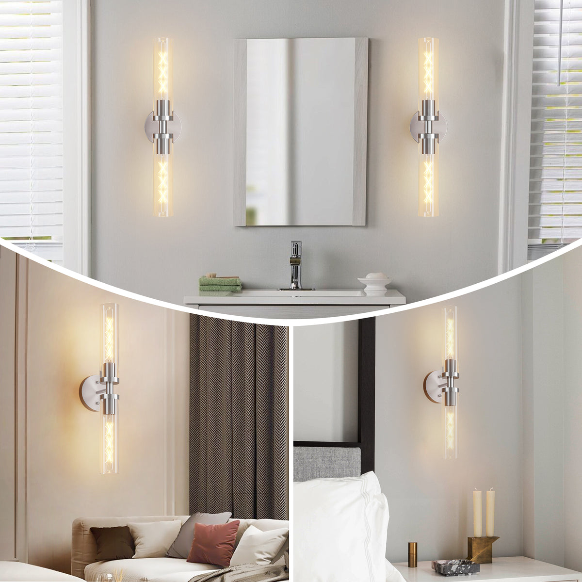 Wall Sconces Set of Two, Hardwired Brushed Nickel Bathroom Sconces Wall Lighting with Clear Glass, Modern Sconces Wall Decor Set of 2 Wall Light fixtures for Mirror Hallway (Bulbs Not Included)