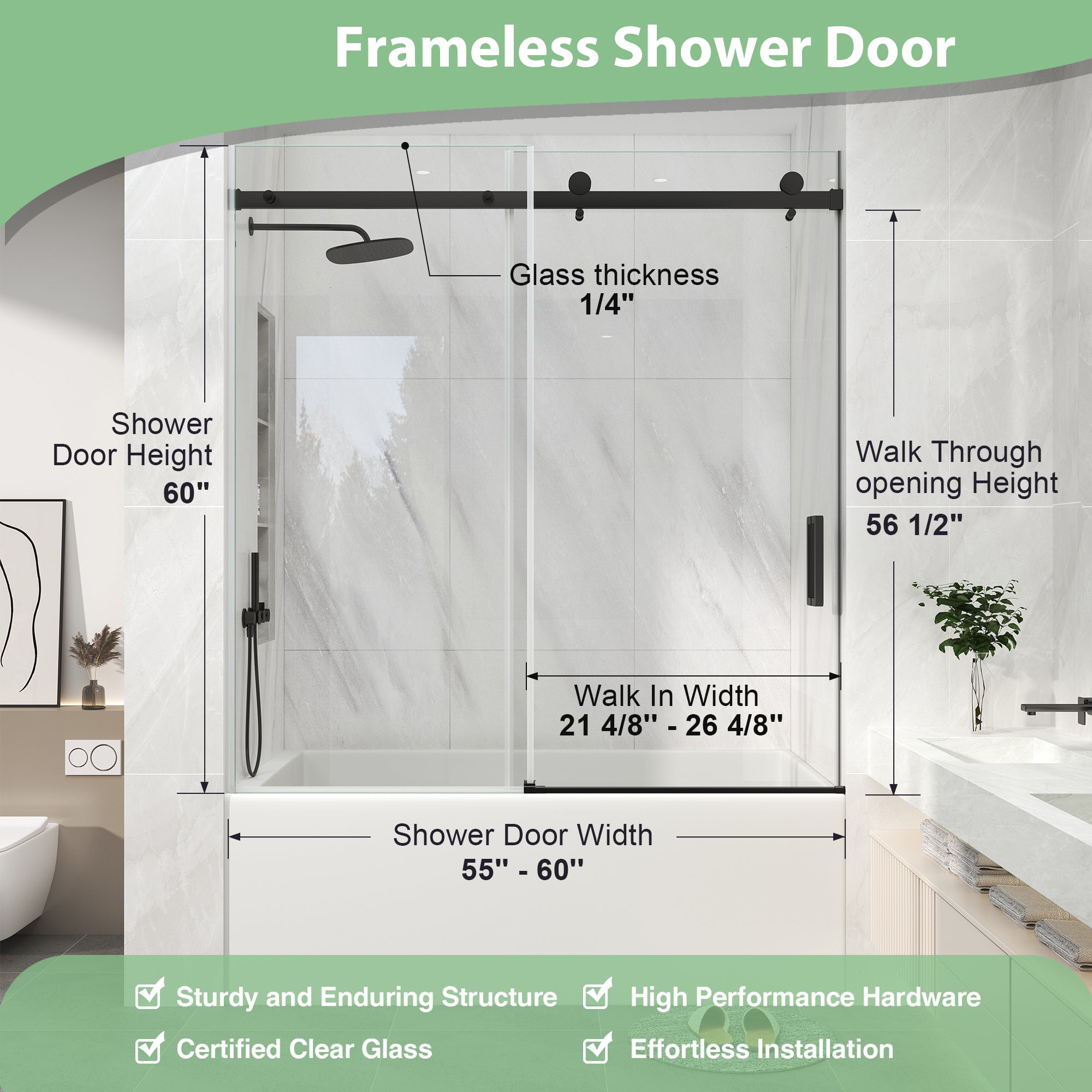 Matte Black Frameless Sliding Bathtub Door, 55-60 in. W x 60 in. H, Model S9711D