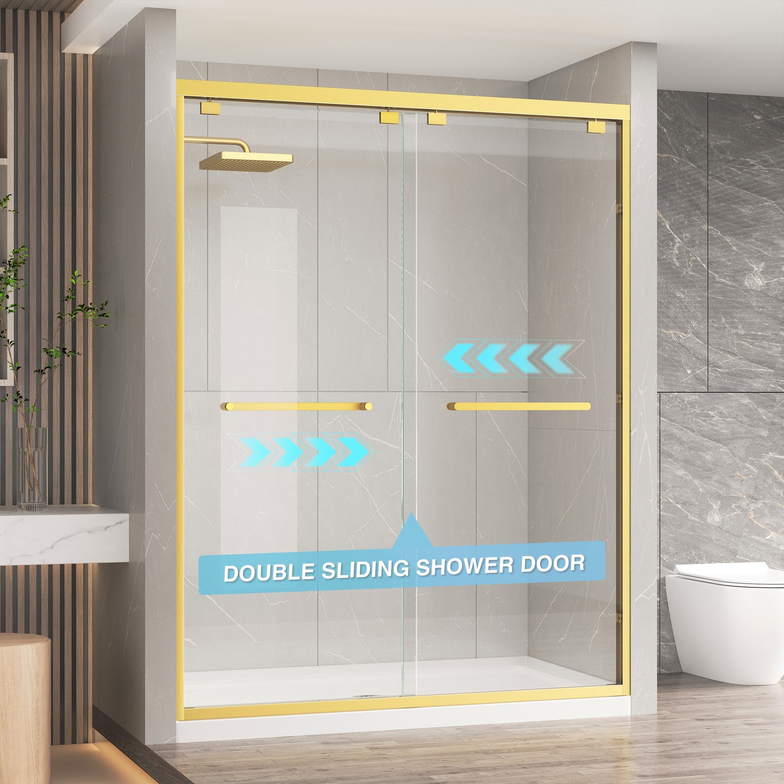KPUY Double Sliding Glass Shower Door, 76" H, 1/4" Tempered Glass, Brushed Gold