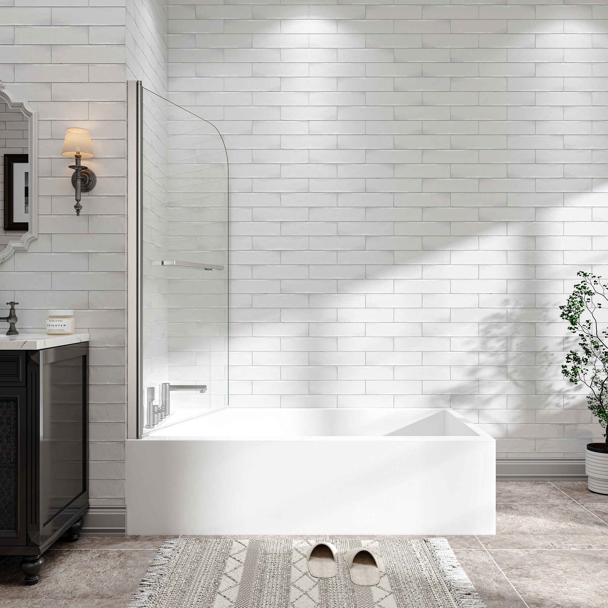 KPUY 32" x 55" Frameless Bathtub Screen | 180° Pivot Shower Door | Reversible