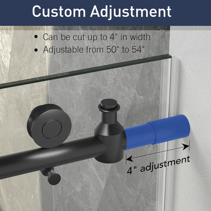 Frameless Shower Door, 50"-54" W x 76" H Sliding Glass Shower Door with 1/4" (6mm) Clear SGCC Tempered Glass, Silent Soft-Close Design, Stainless Steel Frame, Matte Black