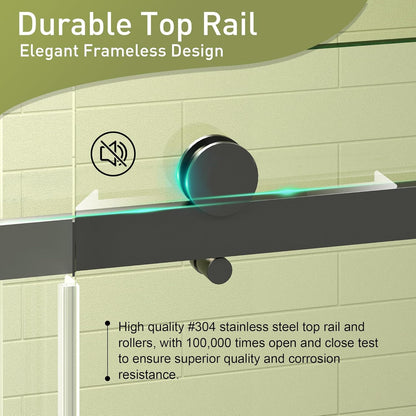 Frameless Shower Door, 50-54" W x 76" H Sliding Glass Shower Door with 1/4" (6mm) Clear Tempered Glass, Reversible Installation, Matte Black