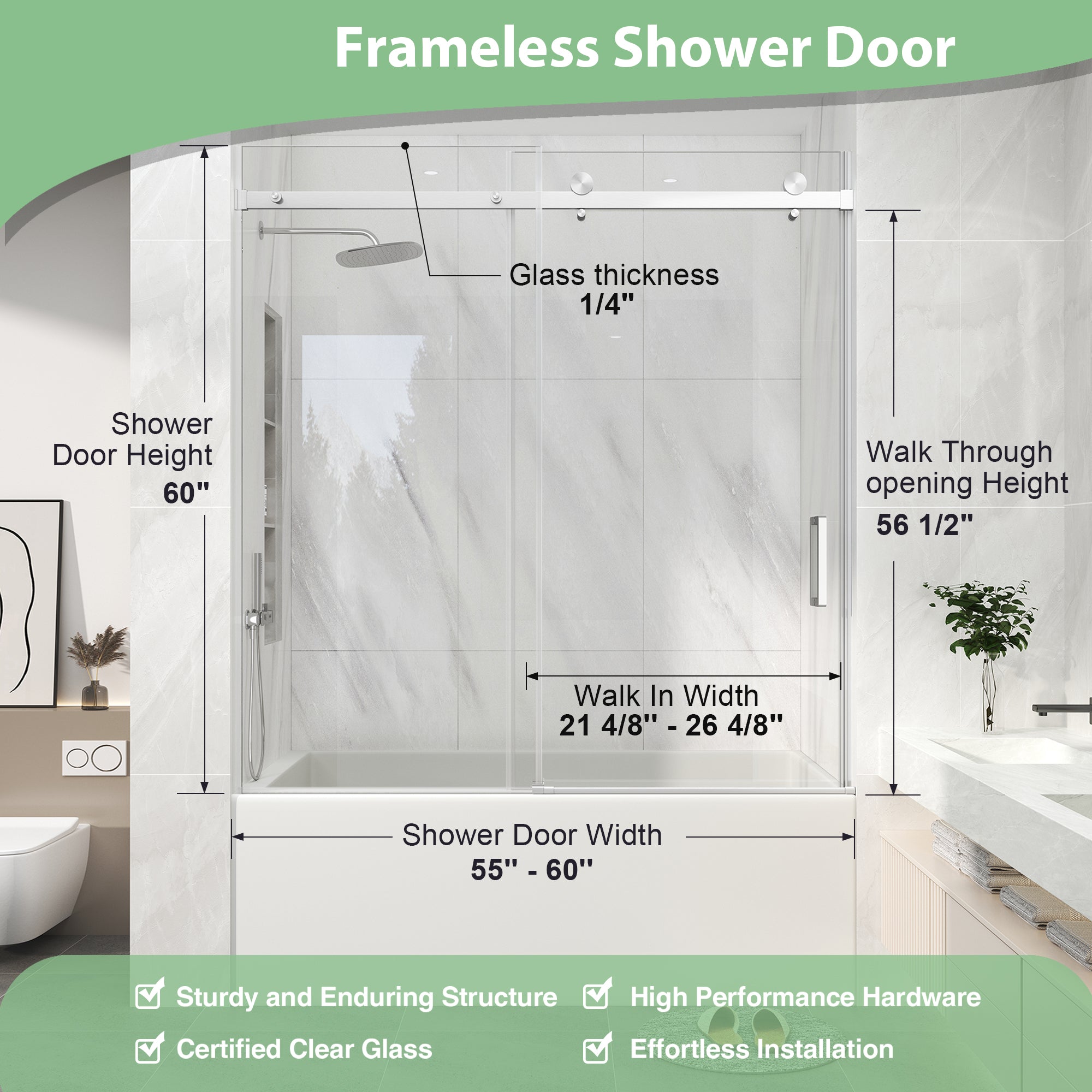 KPUY Frameless Sliding Bathtub Door, 60" H, 1/4" Tempered Glass, Brushed Nickel