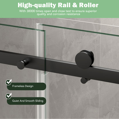 KPUY S9711A Frameless Shower Door, 56-60" W x 76" H Sliding Glass Shower Door, 1/4" (6mm) Thick Tempered Clear Glass with Explosion-Proof Film Nano Coating in Matte Black Finish