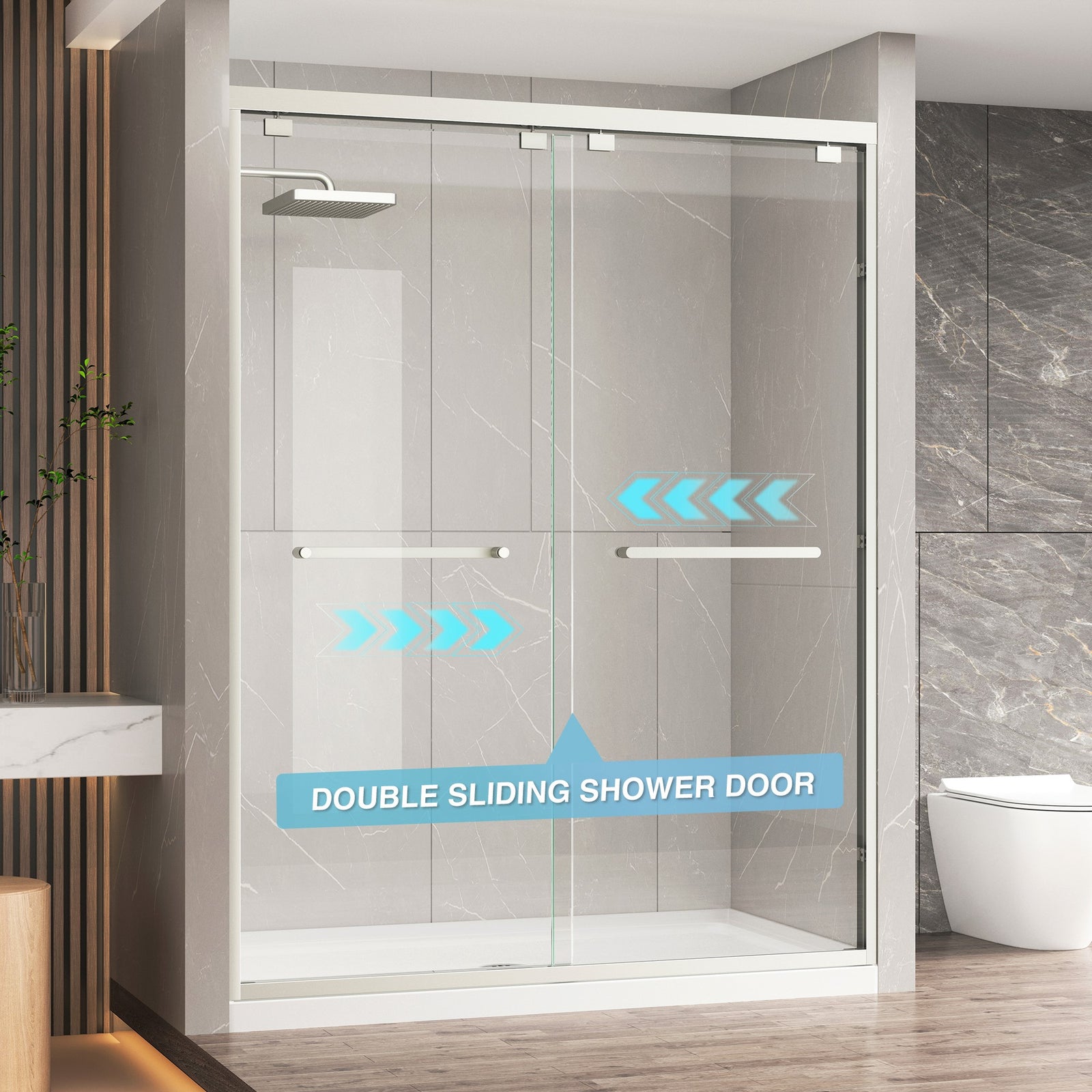 KPUY Double Sliding Glass Shower Door, 76" H, 1/4" Tempered Glass, Brushed Nickel
