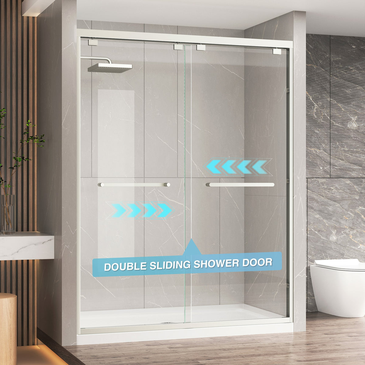 KPUY Double Sliding Glass Shower Door, 76" H, 1/4" Tempered Glass, Brushed Nickel