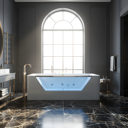 KPUY 67 Inch Whirlpool Bathtub with Glass Panel | 7 Hydro-Massage Jets & LED Lights